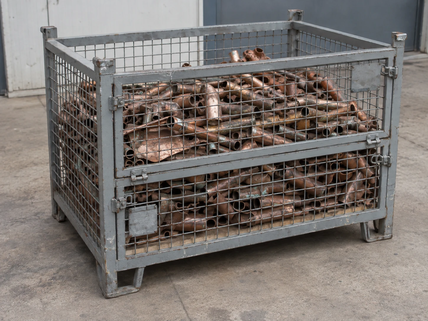 Gebrauchte Kupferrohre mit Schnittstellen und Patina in einer grauen Gitterbox.