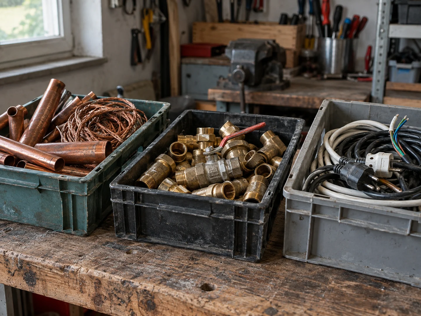 Kupferrohre, Messingfittings und Kabelreste in getrennten Behältern auf einer Werkbank.