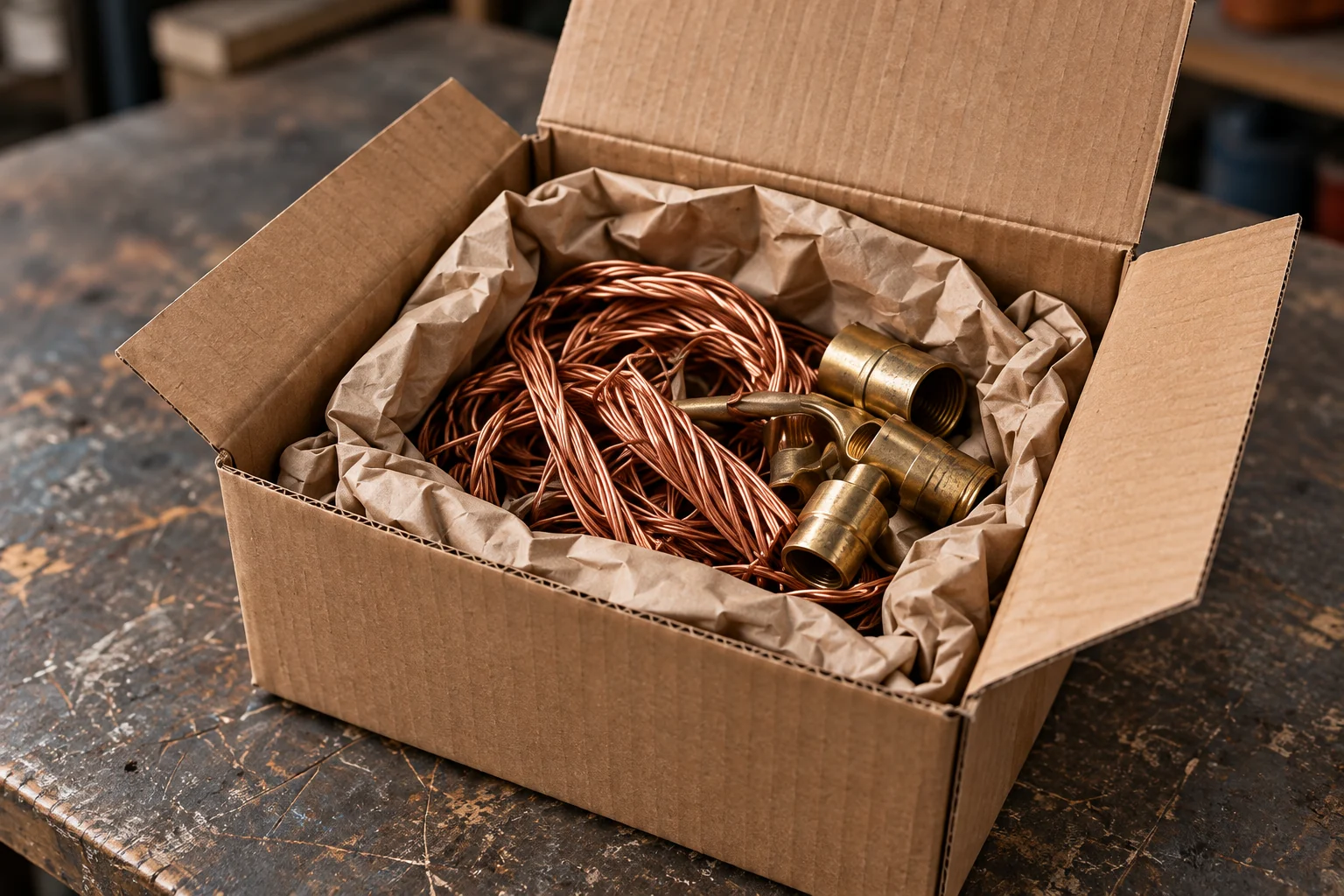 Offener stabiler Karton mit gepolstertem Kupferdraht und Messingfittings