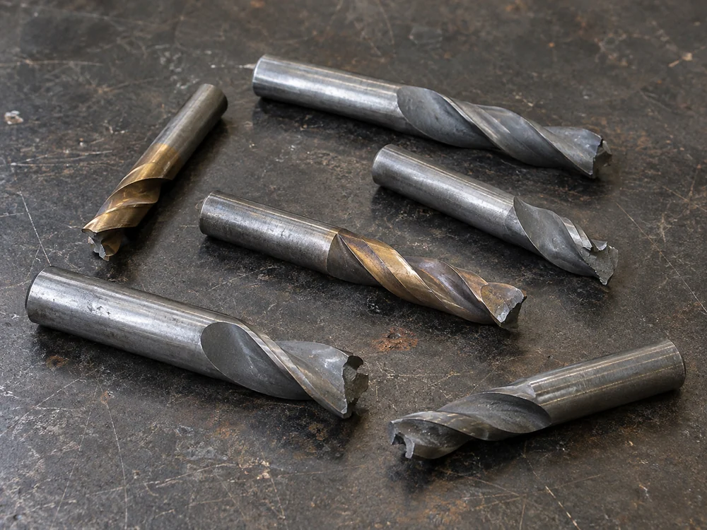 Gebrauchte Hartmetallbohrer mit kurzen Schneiden und glatten Schäften