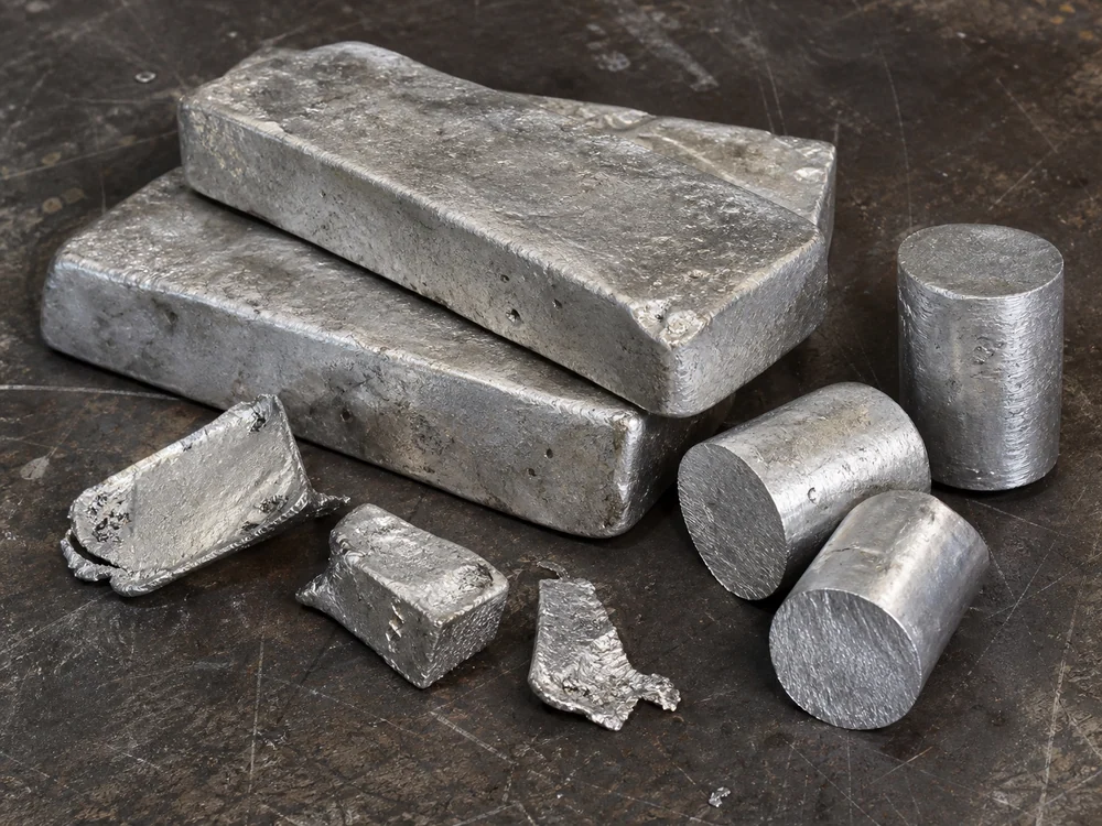 Silbrig matte Zinnbarren, Stangen und Produktionsreste