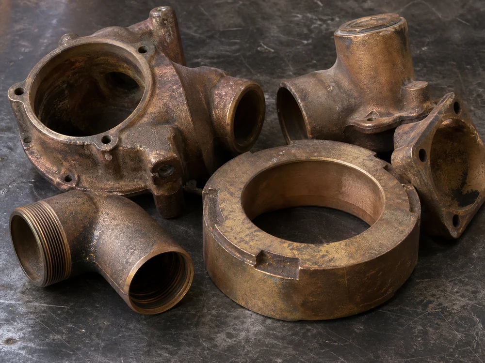 Rötlich braune Rotguss-Fittings und massive Bauteile