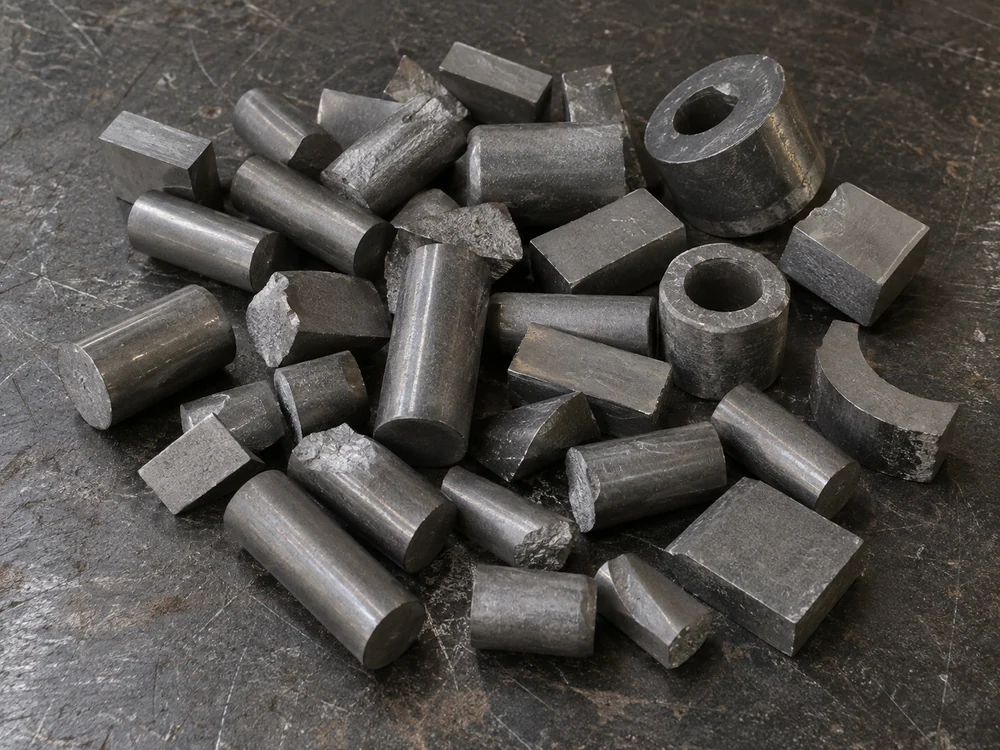 Graue Hartmetallstäbe, Bruchstücke und Verschleißteile