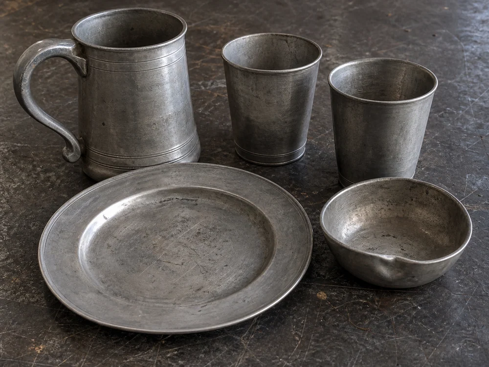 Gebrauchte matte Zinnteller, Becher und ein Zinnkrug